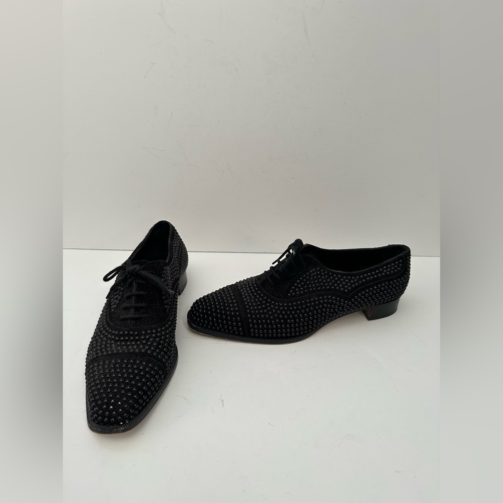 Manolo Blahnik Black Suede Oxford Studded Lace Up Shoes